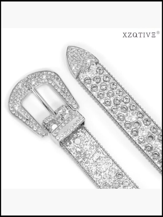 Rhinestone Studded Faux Leather Belt with Western Silver Buckle